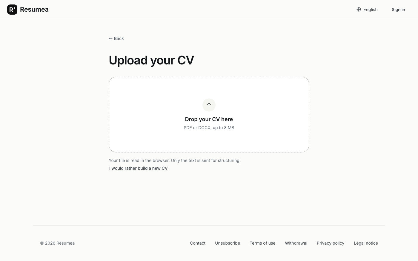 The upload screen, where a CV is dropped in to be read
