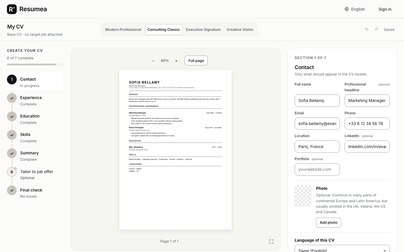 The studio, with the section list, the live CV and the editor side by side