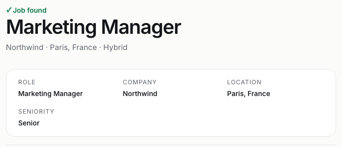 A job offer link, read back as the role, the company and the location